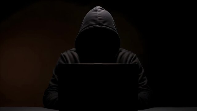 Mysterious figure in a dark hoodie typing on a laptop, creating suspense and intrigue for cybersecurity themes.