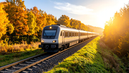 Fototapeta premium Passenger Train Traveling Through Autumn Landscape