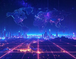 Global cityscape at night, digital map overlay