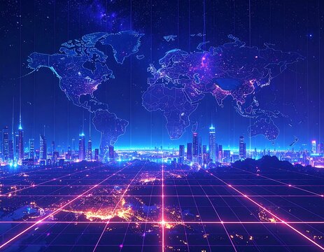 Global cityscape at night, digital map overlay