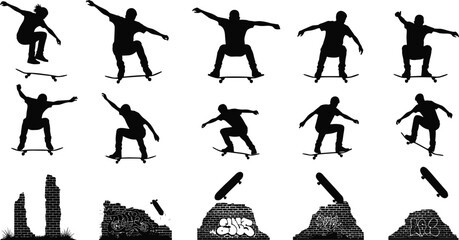 Silhouette vector of skateboarders jumping with urban graffiti brick walls, showcasing extreme street skating culture, tricks, stunts, and motion