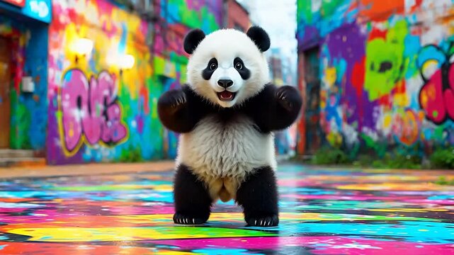 Adorable panda bear in a vibrant urban alley with a colorful graffiti street art background