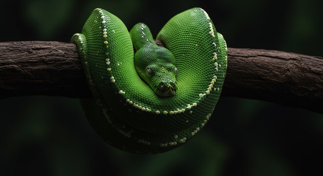 Green python coiled around a branch