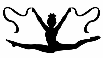 Fototapeta premium Silhouette of a rhythmic gymnast in a split holding ribbons in the air with arms raised high above head