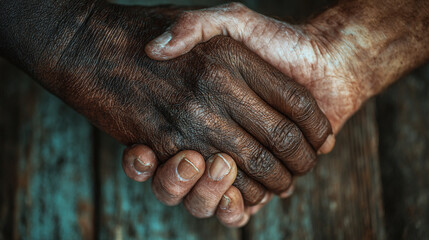 Fototapeta premium A close up shot of two hands clasped together with different skin tones showing diversity