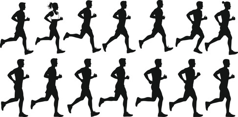 Silhouette vector illustration of men and women running in motion, fitness activity, jogging workout, cardio exercise, outdoor health lifestyle