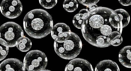 Clear bubbles filled with sparkling diamonds create a mesmerizing visual display against a dark background.