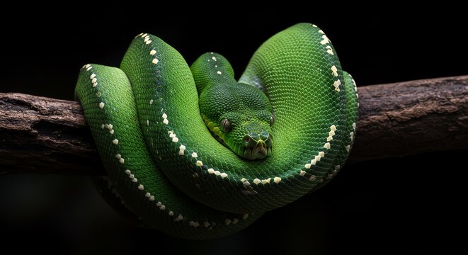 Green tree python coiled on branch