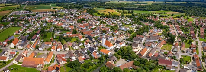 An aerial panorama view above the downtown in the city Steinheim 89407 Dillingen during a sunny summer day in Bavaria, Germany