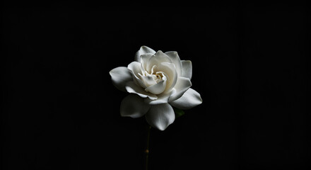 A pristine white gardenia blossoming in the darkness representing purity and hope against the void with sharp focus and