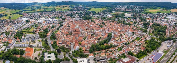 An aerial panorama view above the downtown in the city Weissenburg during a sunny summer day in Bavaria, Germany