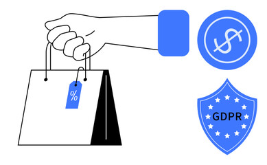 Hand holding shopping bag with a discount tag, alongside GDPR shield and dollar sign in a circle. Ideal for ecommerce, data protection, online shopping, retail, cybersecurity, pricing, marketing
