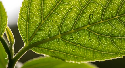 Fototapeta premium A backlit close-up of a vibrant green leaf, showing its intricate vein structure and tiny water droplets.