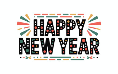 Vector art of a festive happy new year greeting card featuring colorful polka dots and geometric shapes for a fun and celebratory design