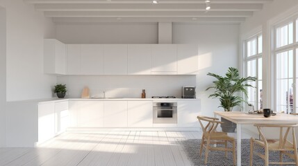 Fototapeta premium Scandinavian style white kitchen, minimal decor, clean lines, soft natural light, architectural photography, realistic photo 