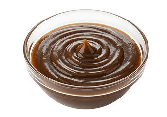 Bowl of caramel sauce isolated on transparent background, delicious and sweet
