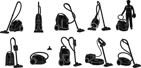 Collection of various vacuum cleaner icons and silhouettes including canister, upright, handheld, and robot vacuum cleaner vector illustrations set © MDALRAFIN