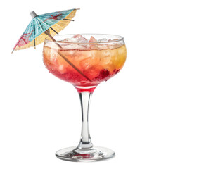 Tropical Cocktail Delight: A vibrant cocktail, adorned with a charming parasol and ice, rests elegantly in a crystal glass, exuding the essence of a tropical escape and refreshing coolness.