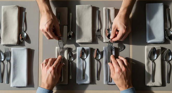 Hands arranging cutlery and napkins for table setting