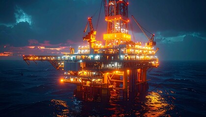 Obraz premium A dark sky with dramatic clouds creates a powerful and industrial atmosphere. This image highlights energy, the oil and gas industry, and offshore operations in challenging environments