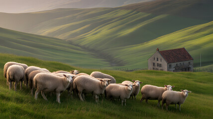Fototapeta premium Flock of Sheep Grazing on Lush Green Hills with Rustic Farmhouse in Background