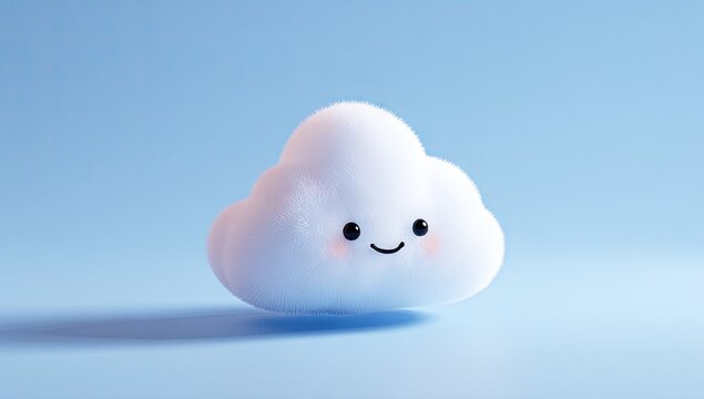 Fluffy cloud character on pastel blue background - Powered by Adobe