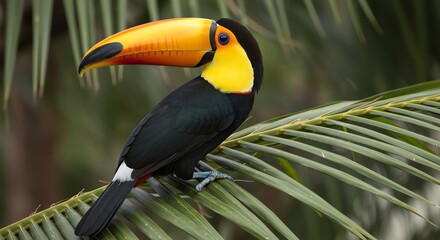 Toco Toucan perched on palm leaves