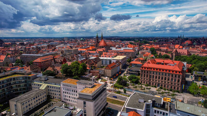 An aerial panorama view above the old town of the city Nuremberg or Nürmberg during an overcast summer day in Bavaria, Germany