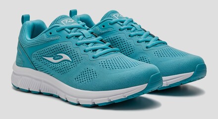 A pair of turquoise running shoes with white soles and laces displayed on a neutral background surface