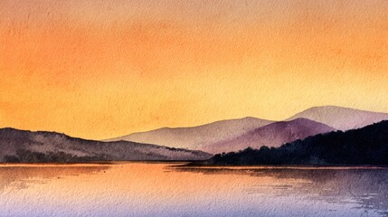 Watercolor painting of mountains and lake, glowing orange sky at sunset
