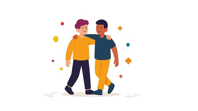 Happy male friends walking together in a moment of camaraderie.