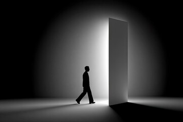 Obraz premium Silhouette of a person walking towards a bright doorway.