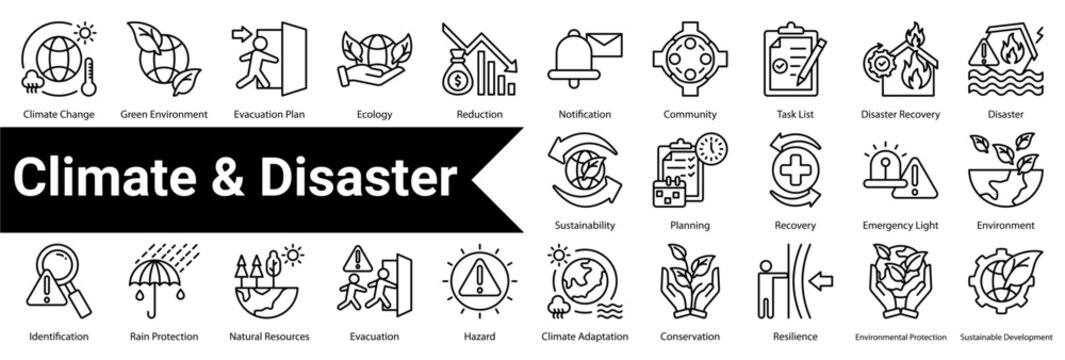 Climate & Disaster Icon Collection and Set Containing: Climate Change,Green Environment,Evacuation Plan,Ecology,Reduction,Notification,Community,Task List,Disaster Recovery,Disaster,Sustainability