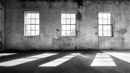 Empty factory interior. Sunlight streams through windows