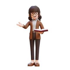 3D cartoon female teacher character Holding Book while Explaining