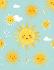 Cute cartoon suns and clouds on a light blue background. A cheerful, playful design