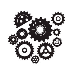 Black gear and cogwheel mechanism illustration on white background.