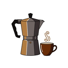 Classic Italian Moka pot with a steaming cup of coffee.