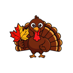 Cute Cartoon Turkey Holding Autumn Maple Leaf.