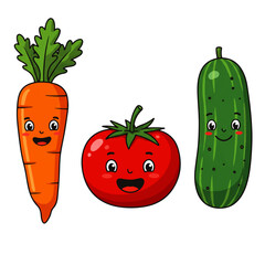 Cute Cartoon Vegetable Characters with Smiling Faces.
