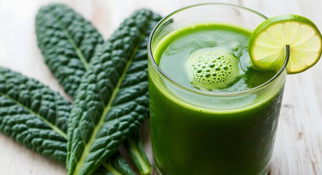 Close-up shot of a vibrant green kale juice with lime garnish in a glass, 4k video footage showcasing healthy living, on a rustic wooden background.