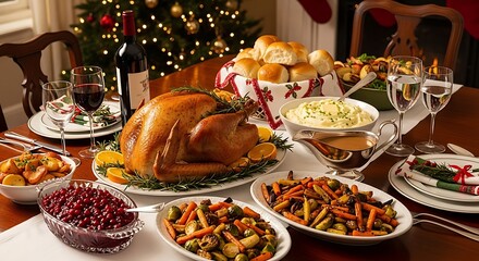 Festive Feast: A Christmas dinner table, laden with traditional dishes, awaits, embodying the spirit of festive season.