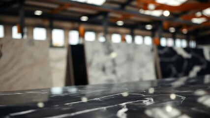Inside a luxury stone processing factory, neatly arranged polished marble and granite slabs are displayed, ideal for product demonstrations in industrial architecture or interior design. 4k video