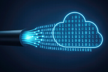 Fiber optic cable emitting light and binary data into a digital cloud transmission