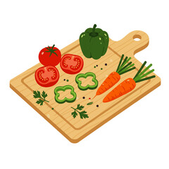 Fresh vegetables like tomatoes peppers and carrots on a wooden cutting board.