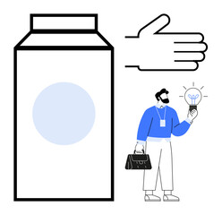 Milk carton, hand gesture symbolizing stop, and businessman with a briefcase holding glowing light bulb. Ideal for sustainability, innovation, creative thinking, packaging, business strategy