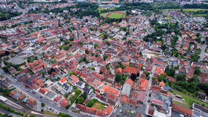 Aerial panorama view of the old town in the city Zirndorf in Bavaria in Germany on a sunny day in spring