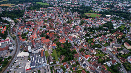 Aerial panorama view of the old town in the city Zirndorf in Bavaria in Germany on a sunny day in spring