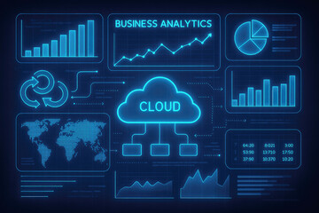 Neon blue business analytics dashboard with world map, charts, graphs, and cloud data icons image photo