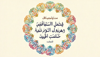 Colorful Floral Circular Pattern with Arabic Calligraphy on Light Background